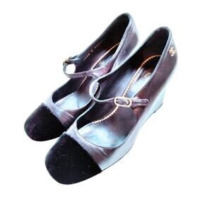Chanel Calf Leather Velvet Toe Wedges SZ 7.5